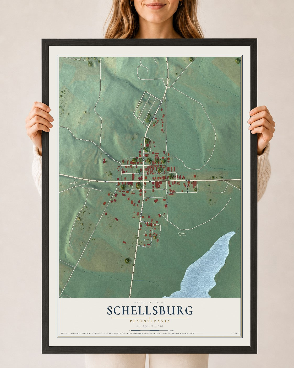 Map of Schellsburg, Pennsylvania, 24 x 36 inch print in a black wood frame