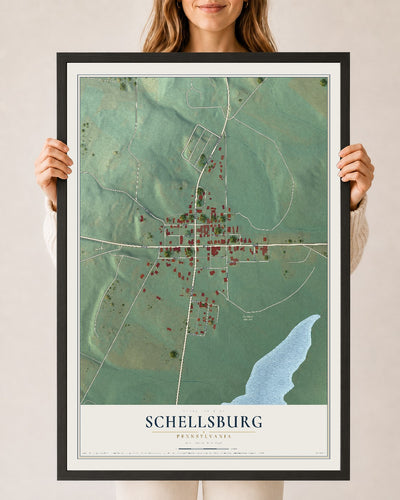 Map of Schellsburg, Pennsylvania, 24 x 36 inch print in a black wood frame