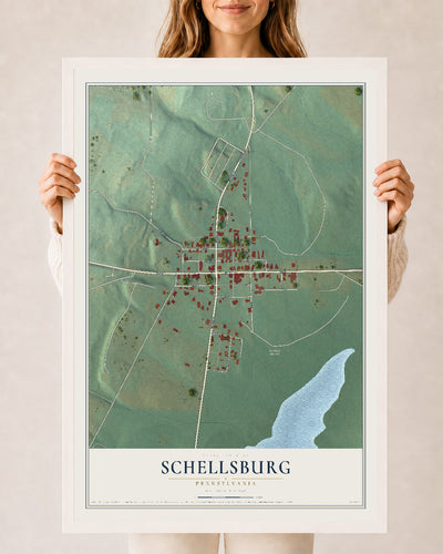 Map of Schellsburg, Pennsylvania, 24 x 36 inch print in a white wood frame