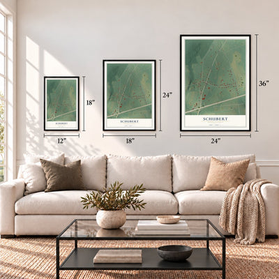 Schubert, Pennsylvania map in 12 x 18, 18 x 24 and 24 x 36 inch sizes above a sofa