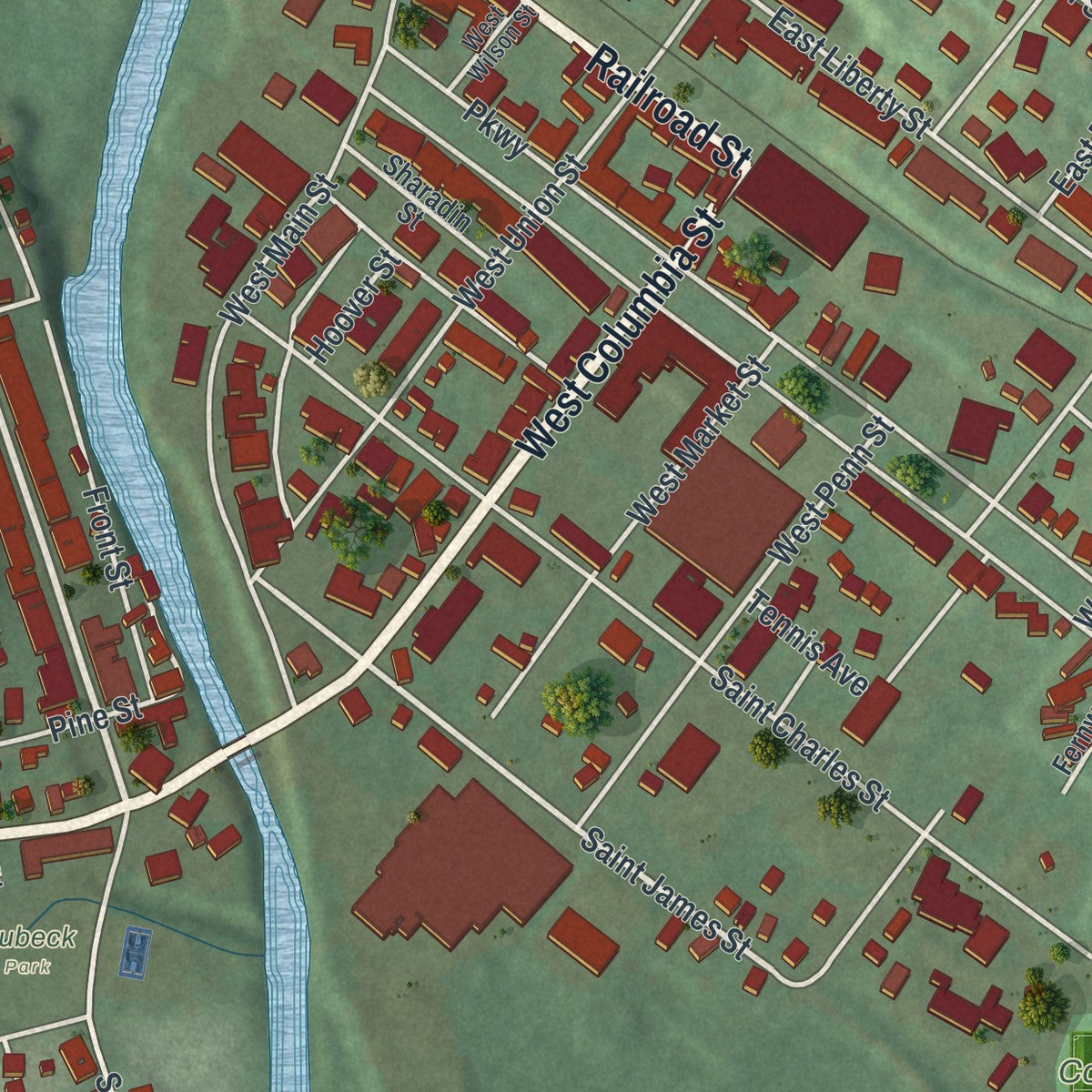 Second close-up of the map of Schuylkill Haven, Pennsylvania print showing more streets and buildings