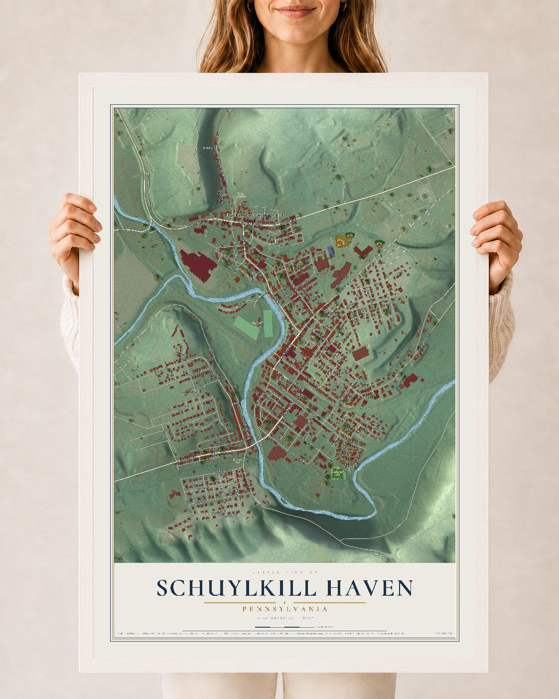 Map of Schuylkill Haven, Pennsylvania, 24 x 36 inch print in a white wood frame
