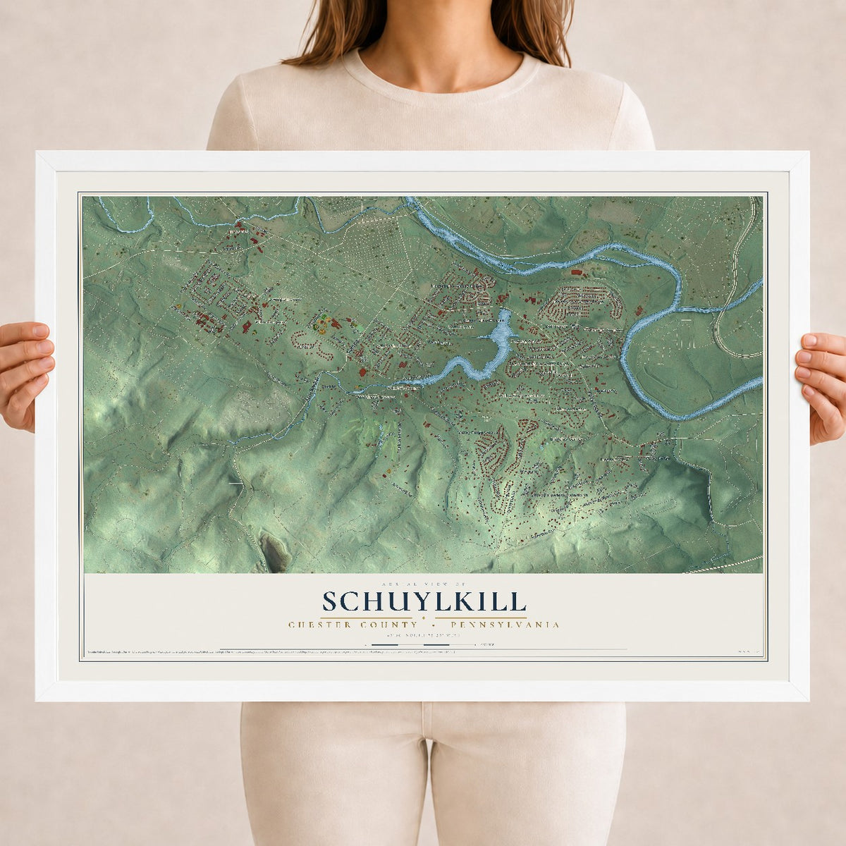 Map of Schuylkill, Chester County, Pennsylvania, 18 x 24 inch print in a white wood frame