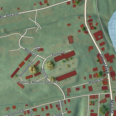 Second close-up of the map of Schwenksville, Pennsylvania print showing more streets and buildings