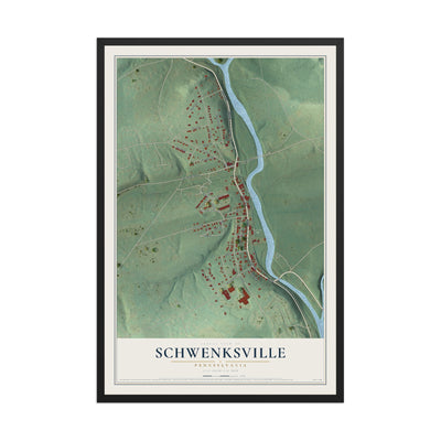 Map of Schwenksville, Pennsylvania, 12 x 18 inch print in a black wood frame