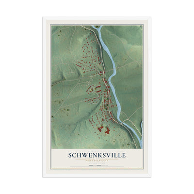 Map of Schwenksville, Pennsylvania, 12 x 18 inch print in a white wood frame