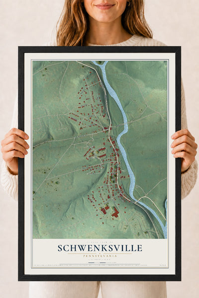 Map of Schwenksville, Pennsylvania, 18 x 24 inch print in a black wood frame