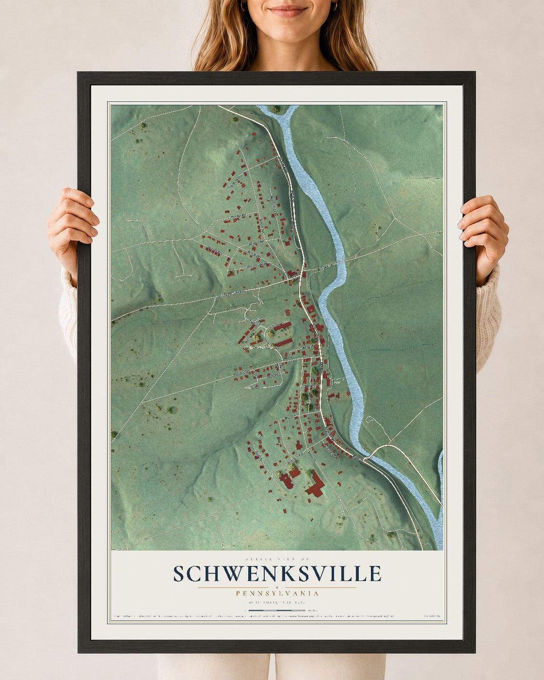Map of Schwenksville, Pennsylvania, 24 x 36 inch print in a black wood frame
