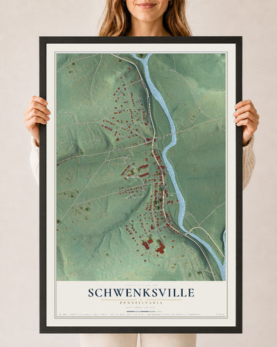 Map of Schwenksville, Pennsylvania, 24 x 36 inch print in a black wood frame