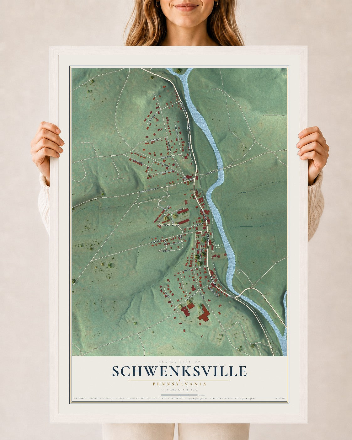 Map of Schwenksville, Pennsylvania, 24 x 36 inch print in a white wood frame