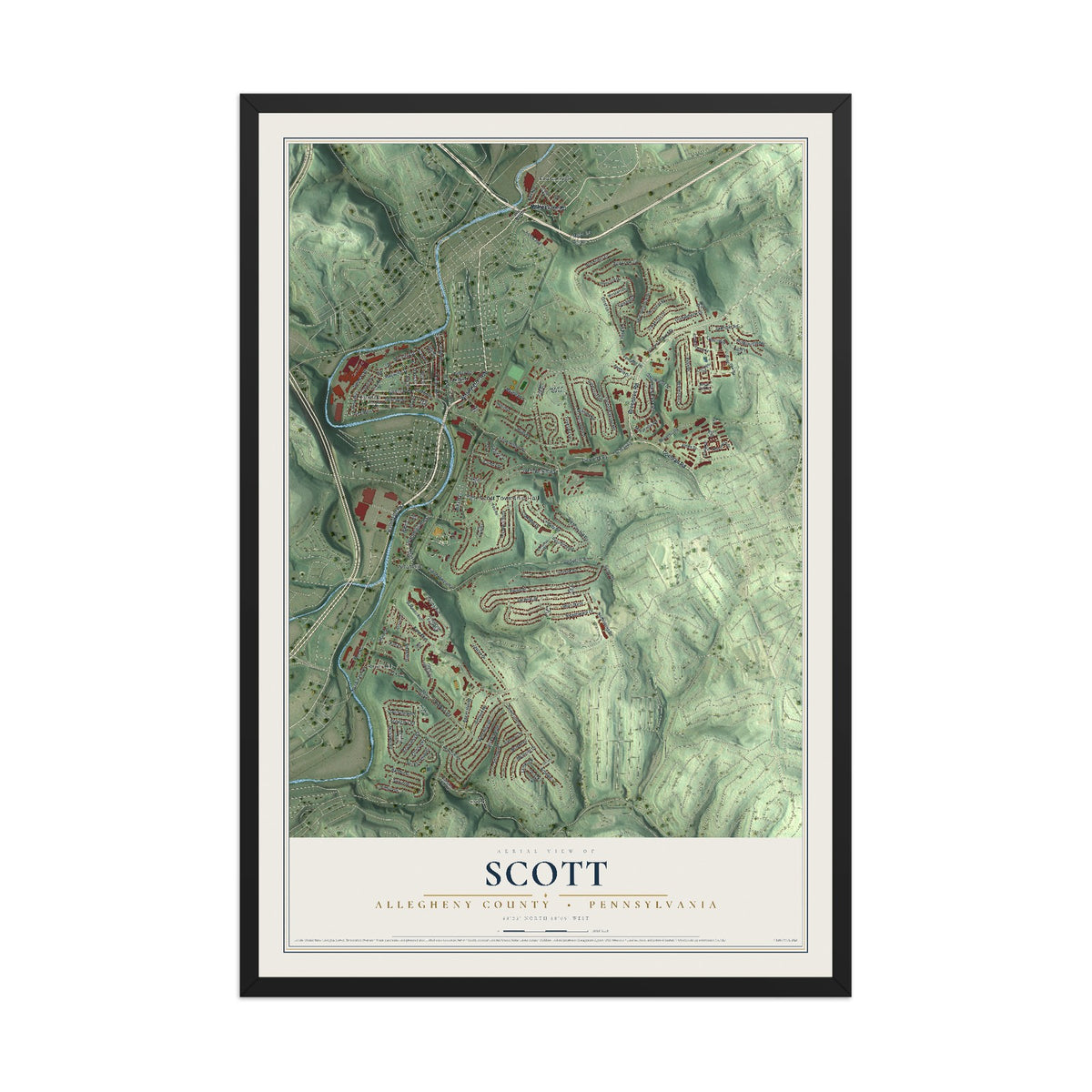 Map of Scott, Allegheny County, Pennsylvania, 12 x 18 inch print in a black wood frame