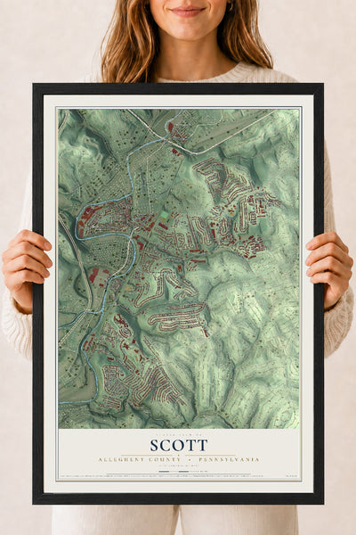 Map of Scott, Allegheny County, Pennsylvania, 18 x 24 inch print in a black wood frame