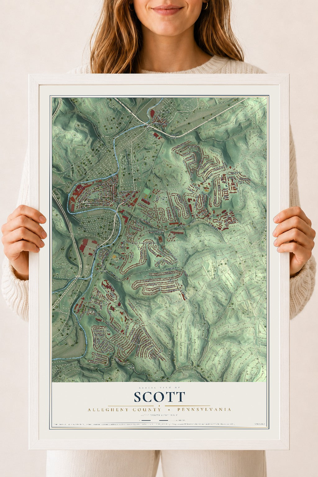 Map of Scott, Allegheny County, Pennsylvania, 18 x 24 inch print in a white wood frame