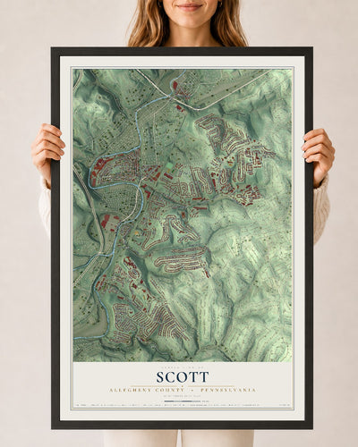 Map of Scott, Allegheny County, Pennsylvania, 24 x 36 inch print in a black wood frame