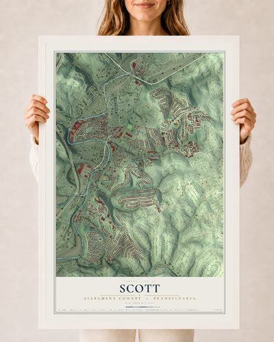 Map of Scott, Allegheny County, Pennsylvania, 24 x 36 inch print in a white wood frame
