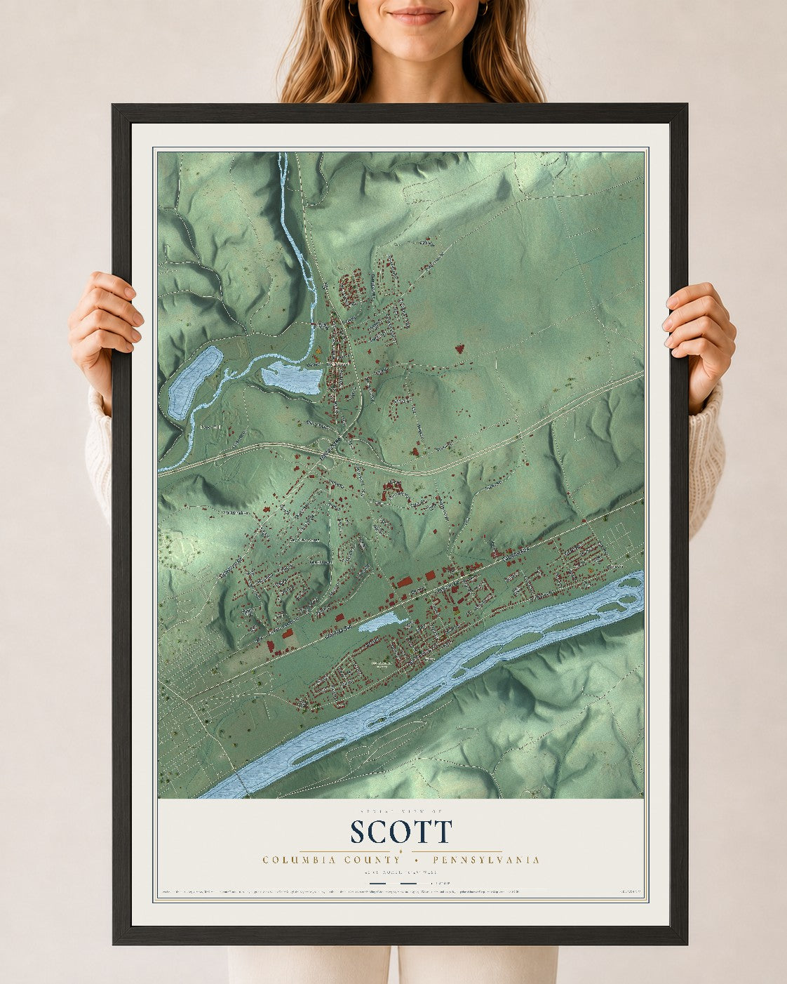 Map of Scott, Columbia County, Pennsylvania, 24 x 36 inch print in a black wood frame