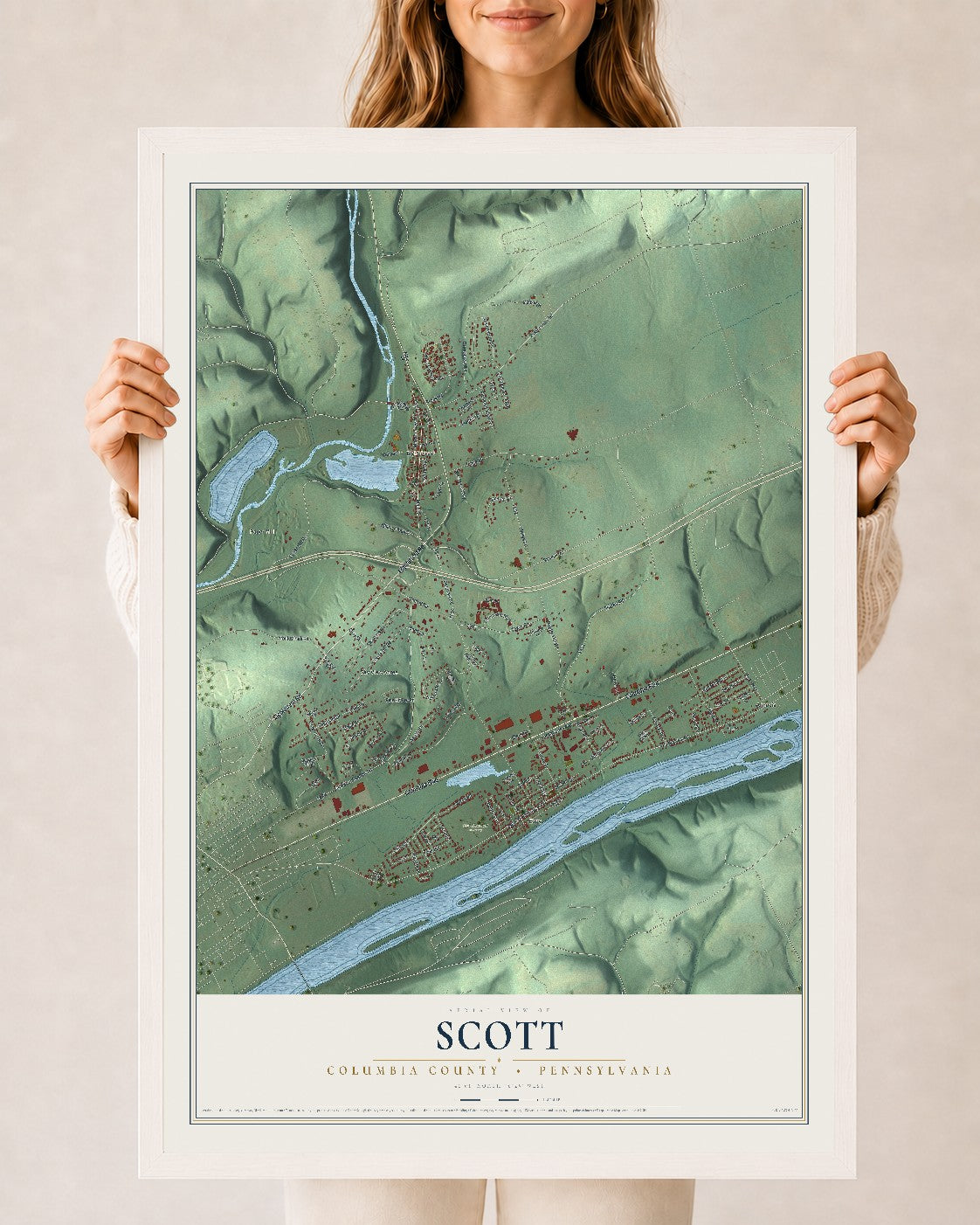 Map of Scott, Columbia County, Pennsylvania, 24 x 36 inch print in a white wood frame