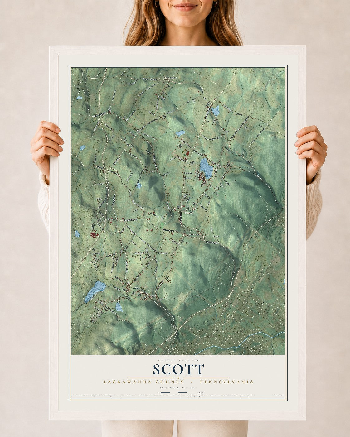 Map of Scott, Lackawanna County, Pennsylvania, 24 x 36 inch print in a white wood frame