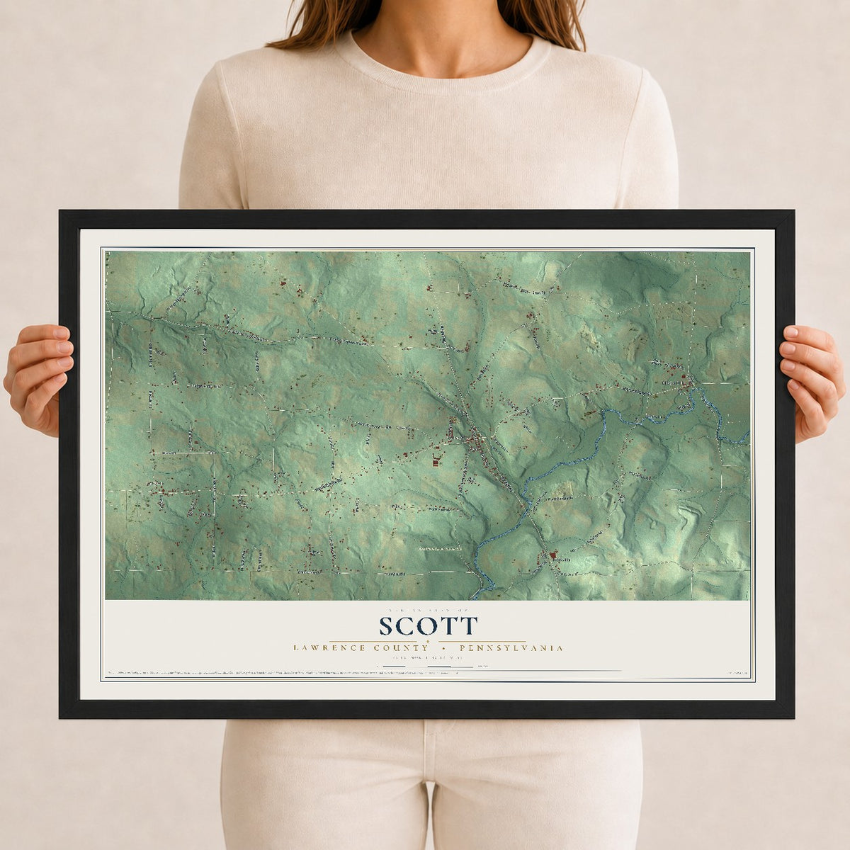 Map of Scott, Lawrence County, Pennsylvania, 12 x 18 inch print in a black wood frame