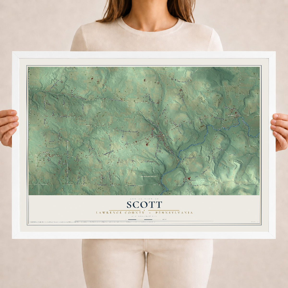 Map of Scott, Lawrence County, Pennsylvania, 18 x 24 inch print in a white wood frame