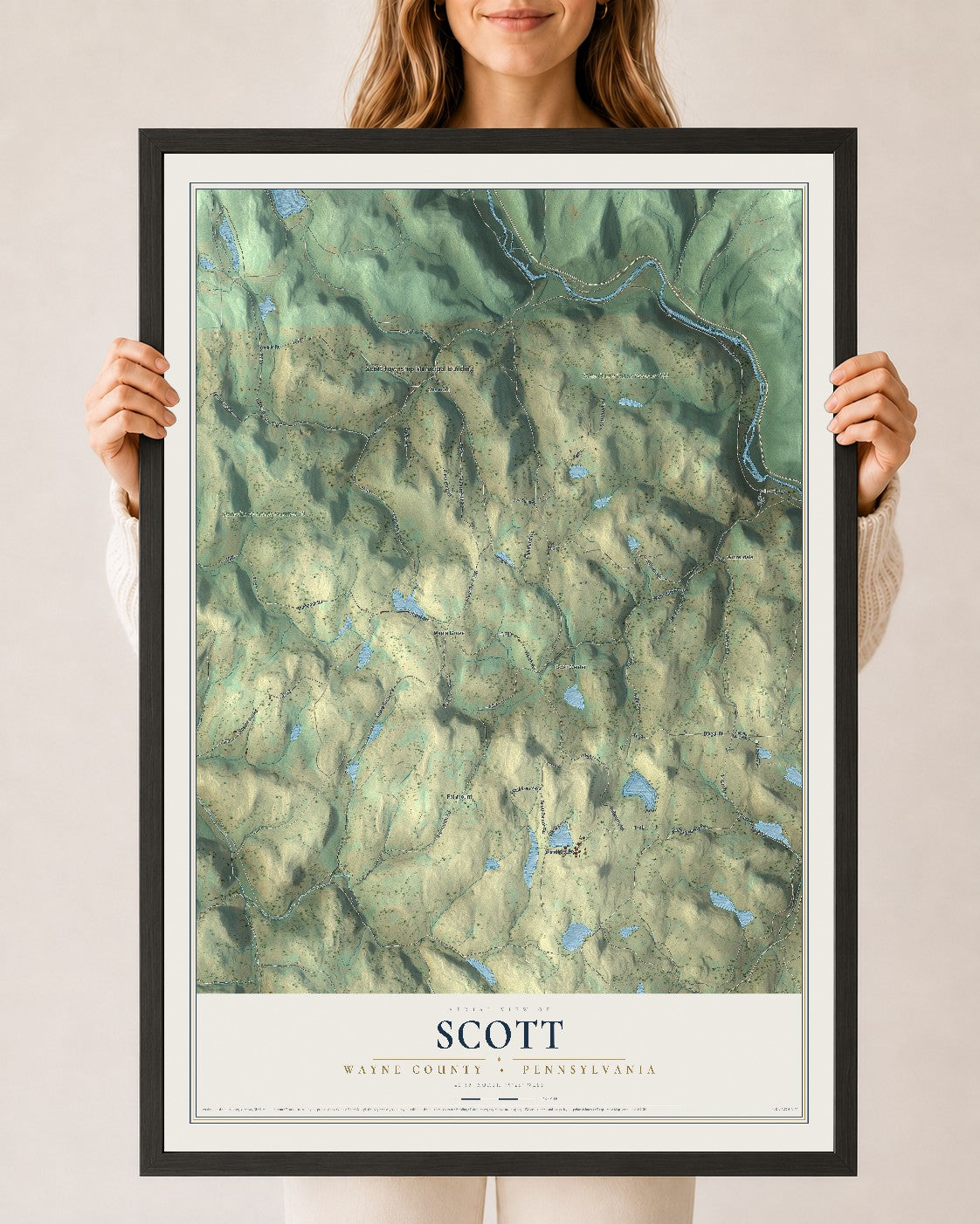 Map of Scott, Wayne County, Pennsylvania, 24 x 36 inch print in a black wood frame