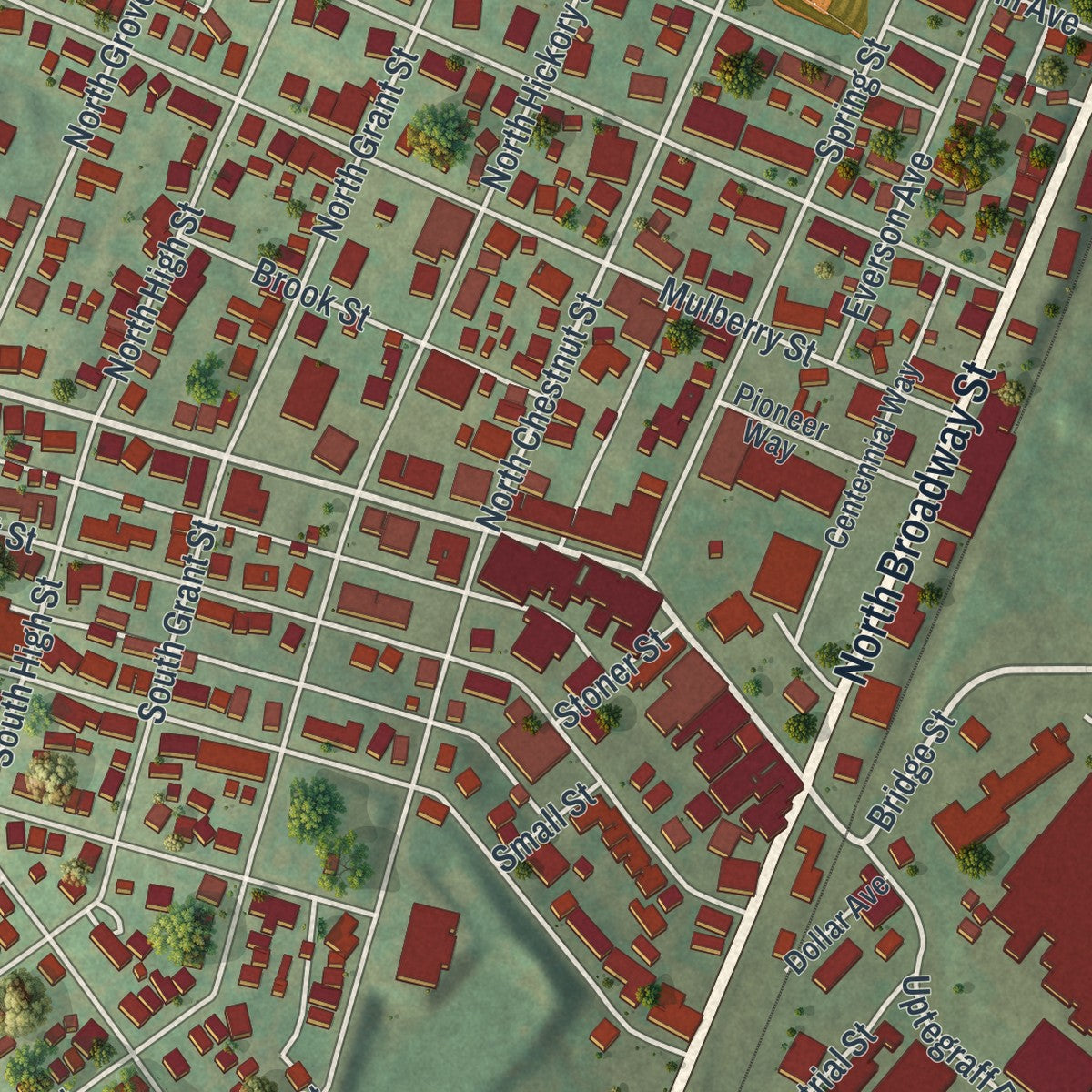Close-up of the map of Scottdale, Pennsylvania print showing street and building detail