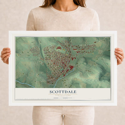 Map of Scottdale, Pennsylvania, 12 x 18 inch print in a white wood frame