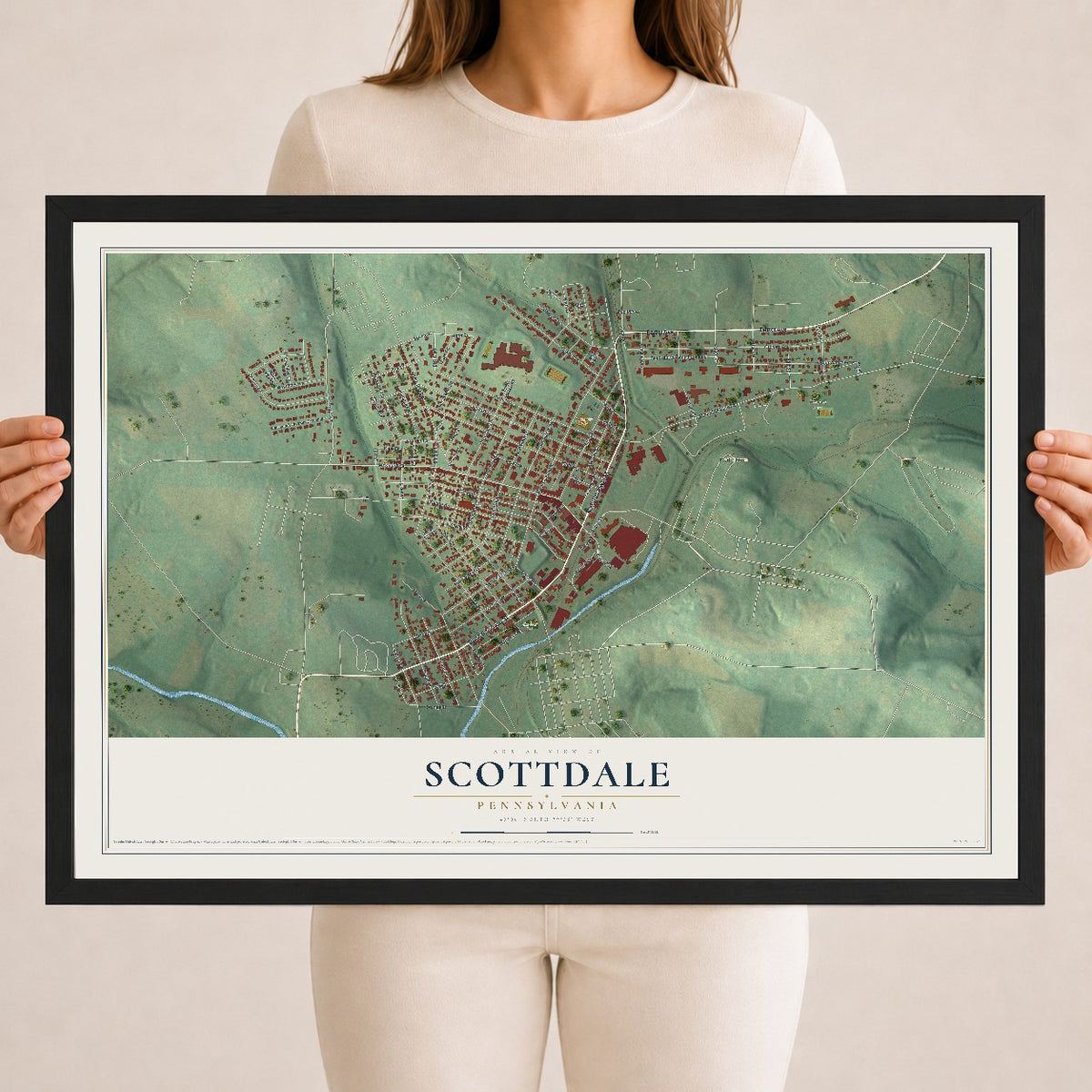 Map of Scottdale, Pennsylvania, 18 x 24 inch print in a black wood frame