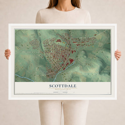 Map of Scottdale, Pennsylvania, 24 x 36 inch print in a white wood frame