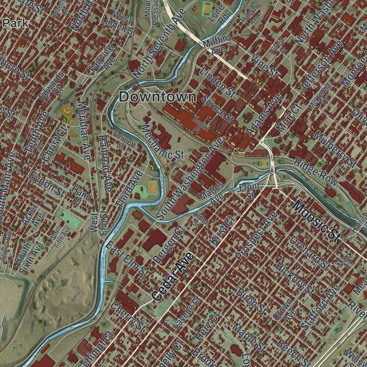 Close-up of the map of Scranton, Pennsylvania print showing street and building detail