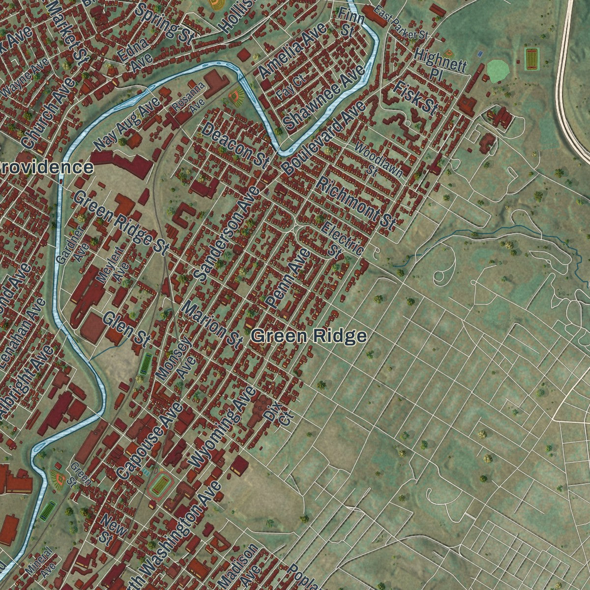 Second close-up of the map of Scranton, Pennsylvania print showing more streets and buildings