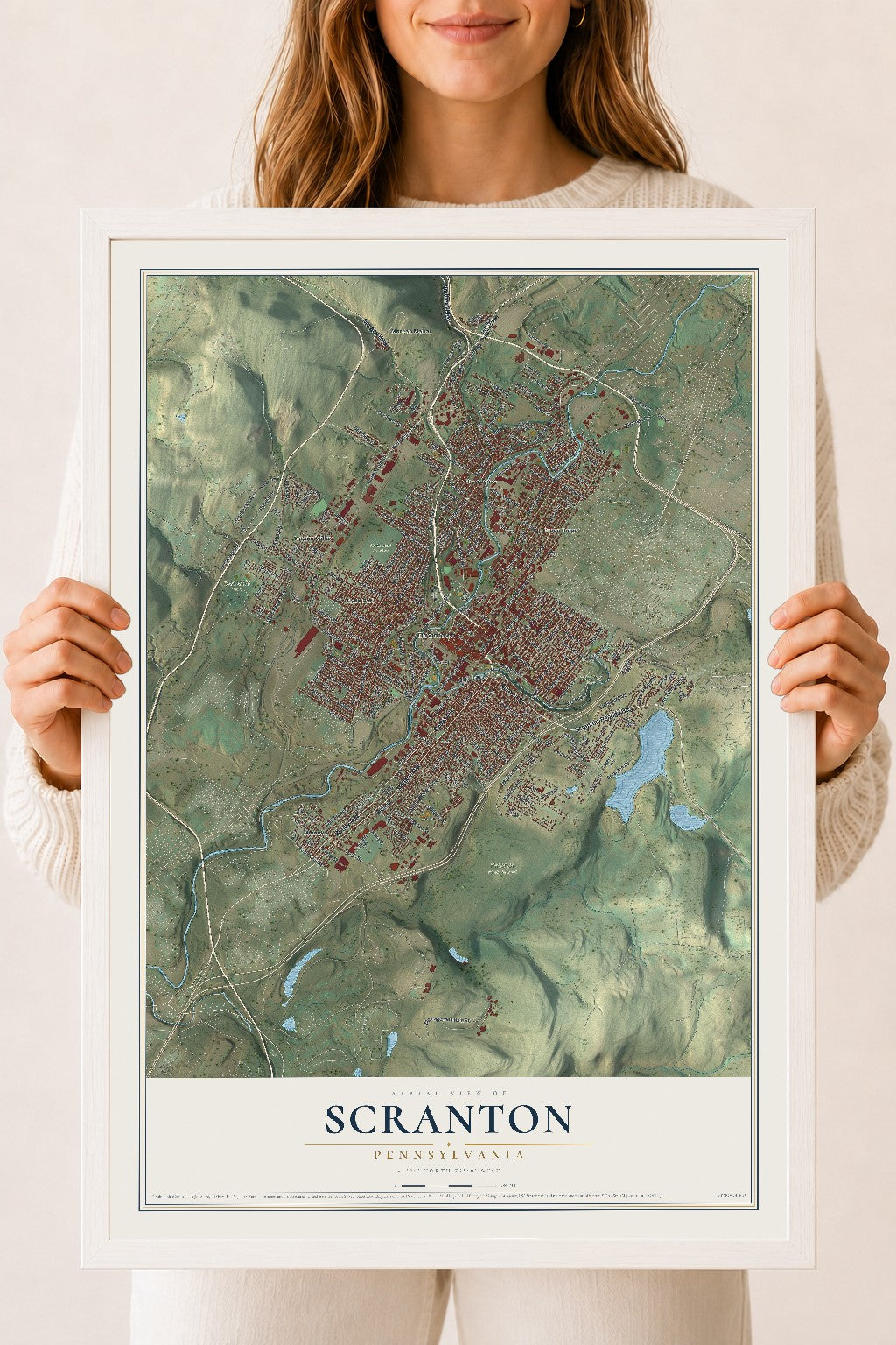 Map of Scranton, Pennsylvania, 18 x 24 inch print in a white wood frame