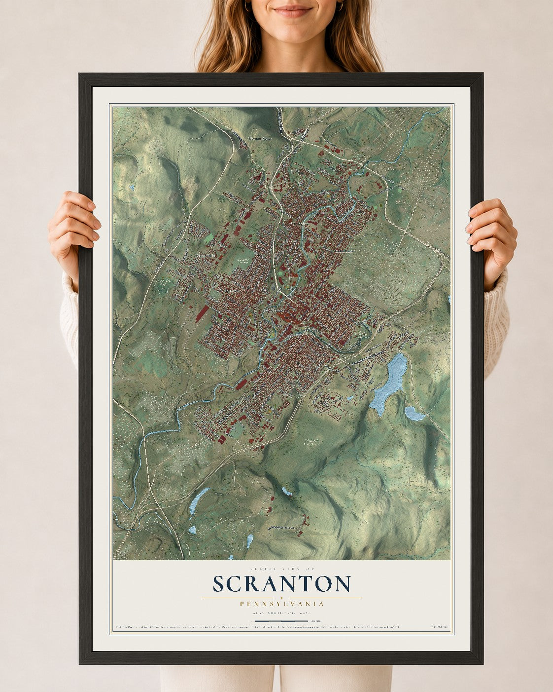 Map of Scranton, Pennsylvania, 24 x 36 inch print in a black wood frame