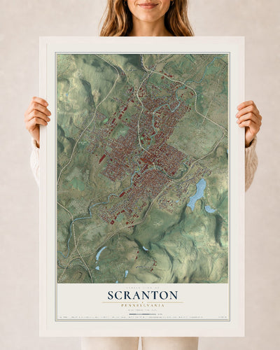 Map of Scranton, Pennsylvania, 24 x 36 inch print in a white wood frame