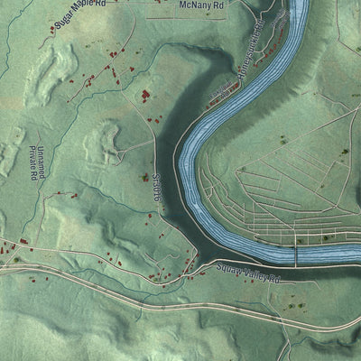 Close-up of the map of Scrubgrass, Pennsylvania print showing street and building detail