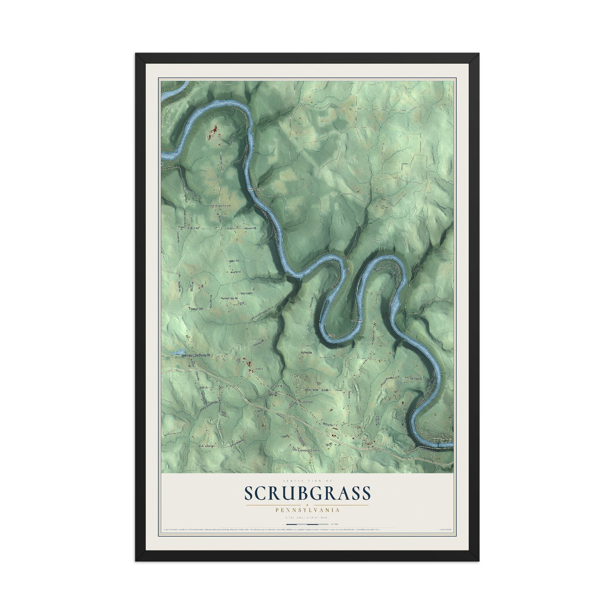 Map of Scrubgrass, Pennsylvania, 12 x 18 inch print in a black wood frame