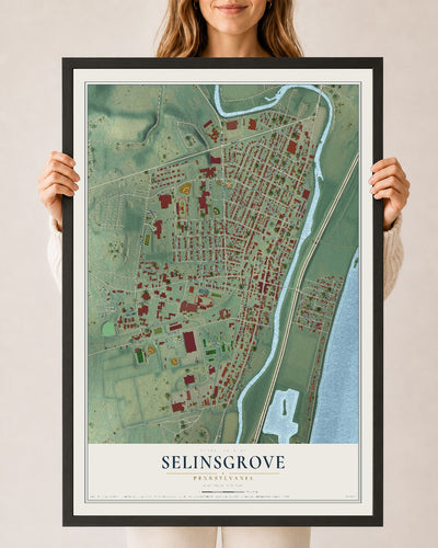Map of Selinsgrove, Pennsylvania, 24 x 36 inch print in a black wood frame