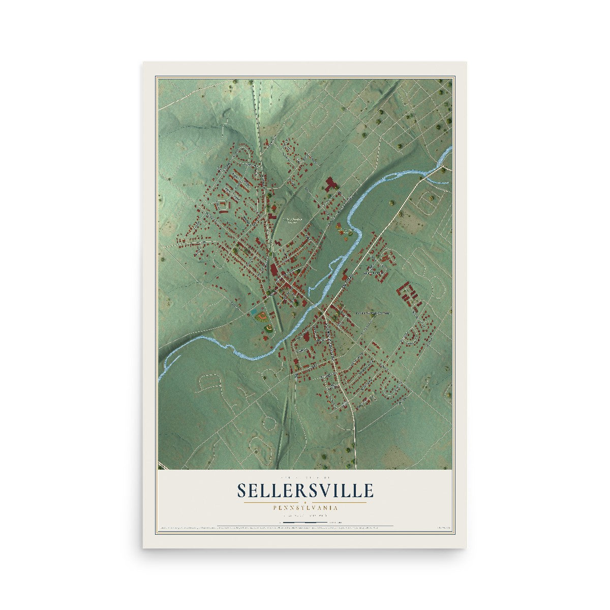 Map of Sellersville, Pennsylvania, 12 x 18 inch unframed archival matte print