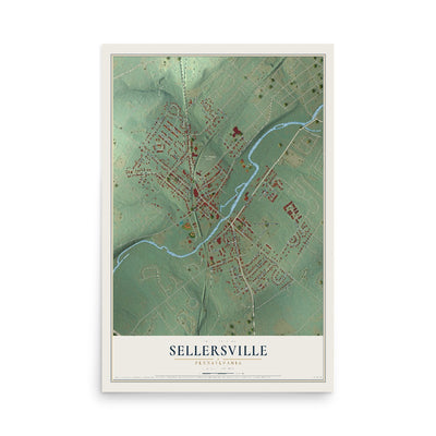Map of Sellersville, Pennsylvania, 12 x 18 inch unframed archival matte print