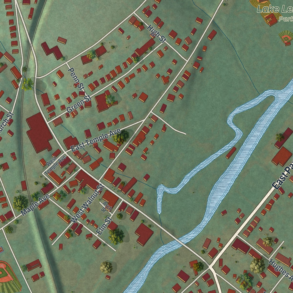 Close-up of the map of Sellersville, Pennsylvania print showing street and building detail