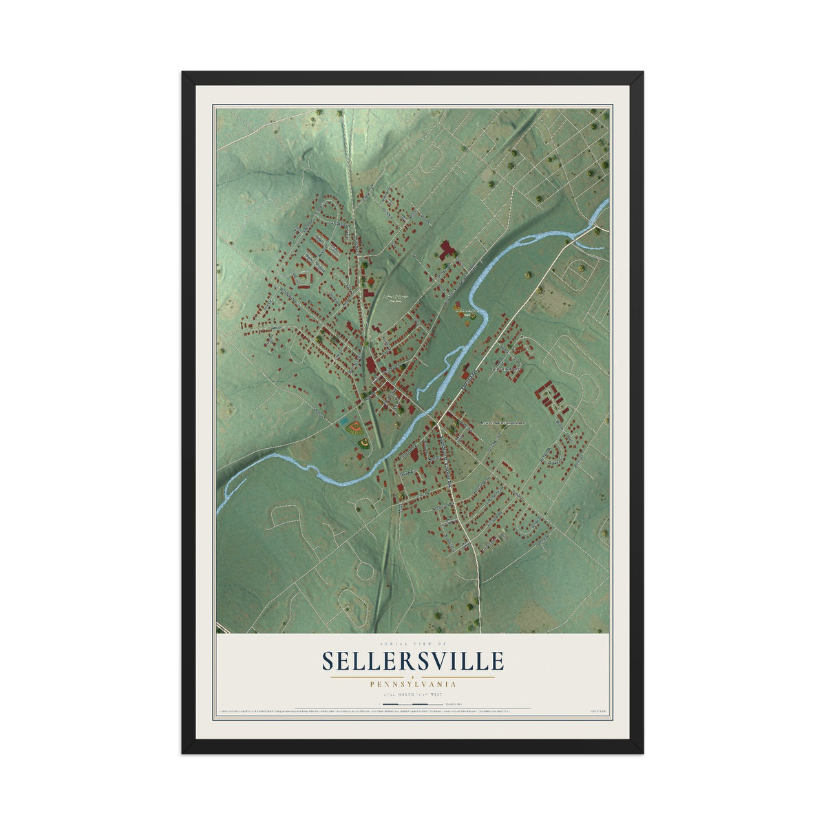 Map of Sellersville, Pennsylvania, 12 x 18 inch print in a black wood frame