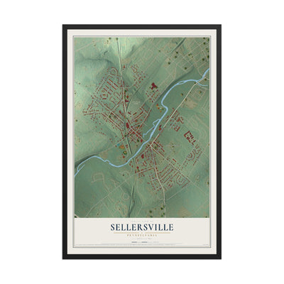 Map of Sellersville, Pennsylvania, 12 x 18 inch print in a black wood frame