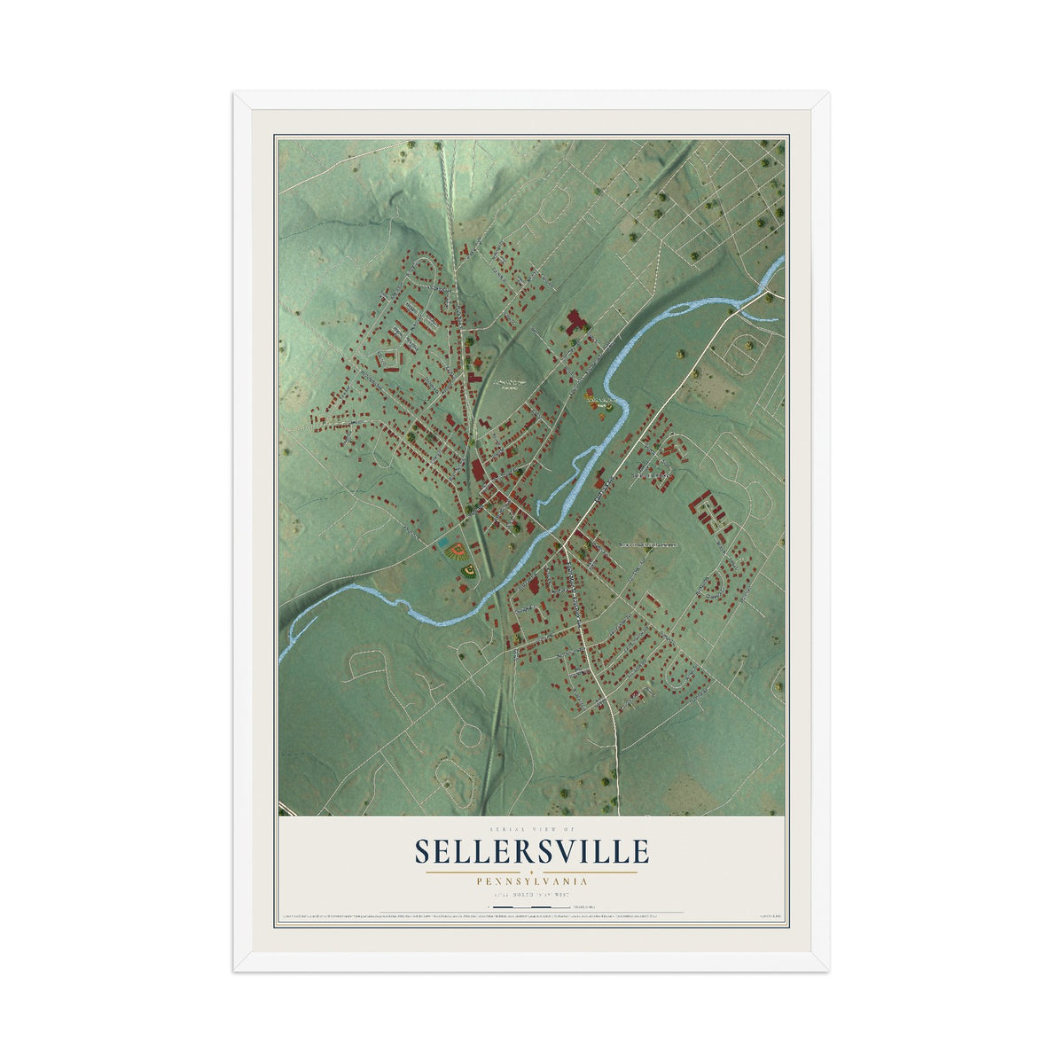 Map of Sellersville, Pennsylvania, 12 x 18 inch print in a white wood frame