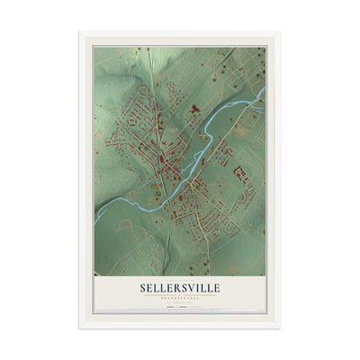 Map of Sellersville, Pennsylvania, 12 x 18 inch print in a white wood frame
