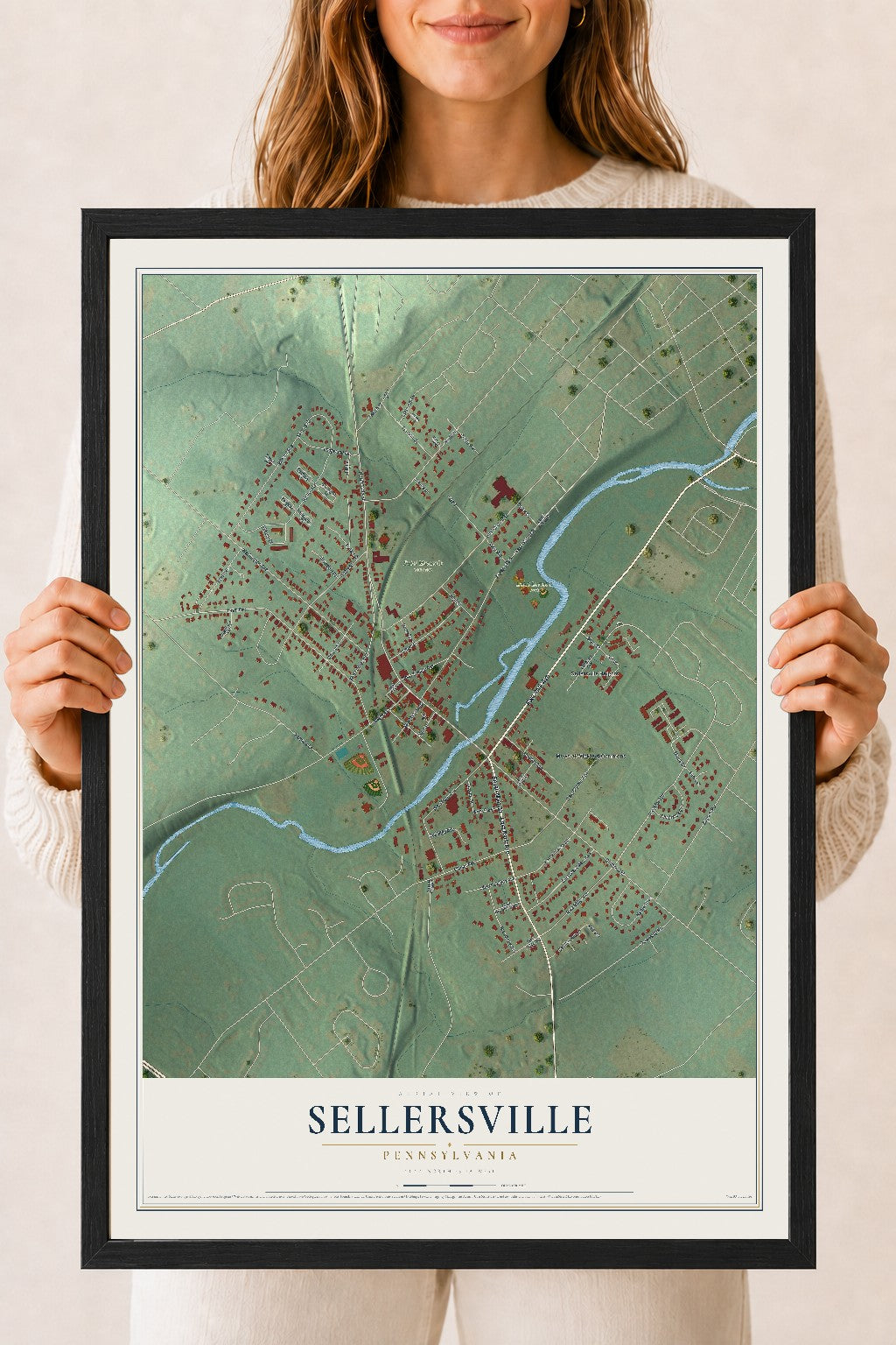 Map of Sellersville, Pennsylvania, 18 x 24 inch print in a black wood frame