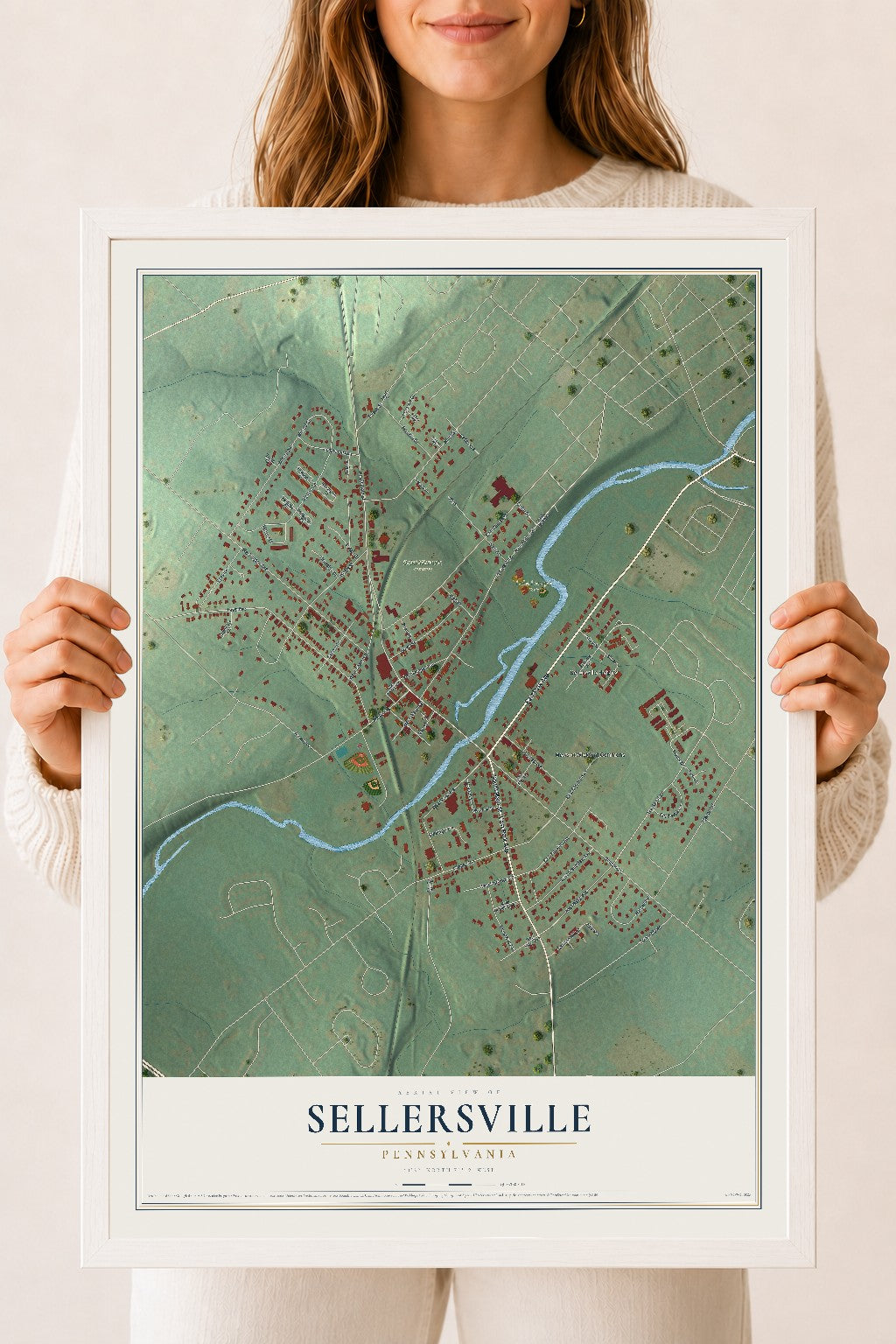 Map of Sellersville, Pennsylvania, 18 x 24 inch print in a white wood frame