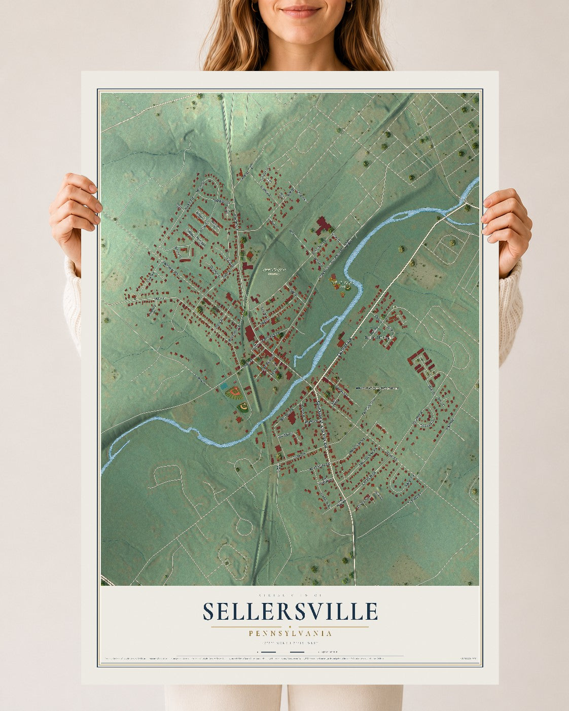 Map of Sellersville, Pennsylvania, 24 x 36 inch unframed archival matte print