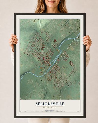 Map of Sellersville, Pennsylvania, 24 x 36 inch print in a black wood frame