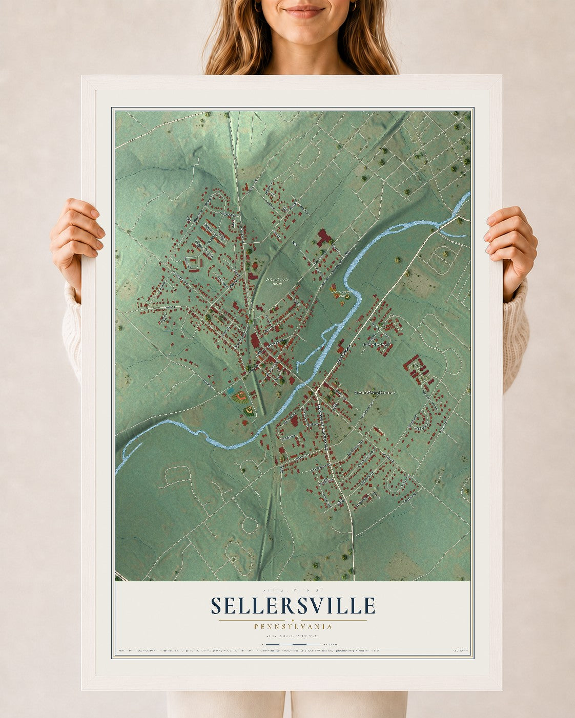 Map of Sellersville, Pennsylvania, 24 x 36 inch print in a white wood frame