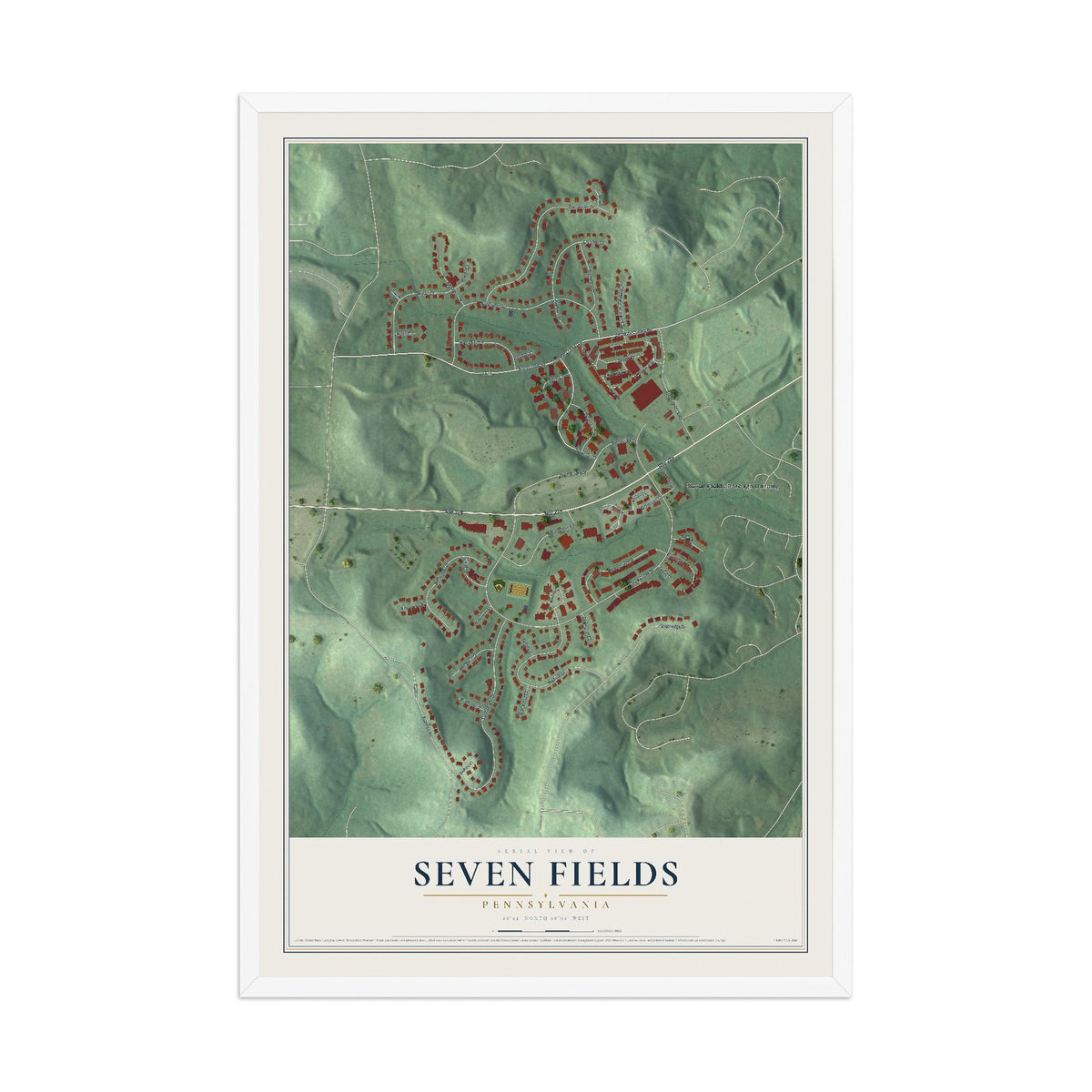 Map of Seven Fields, Pennsylvania, 12 x 18 inch print in a white wood frame